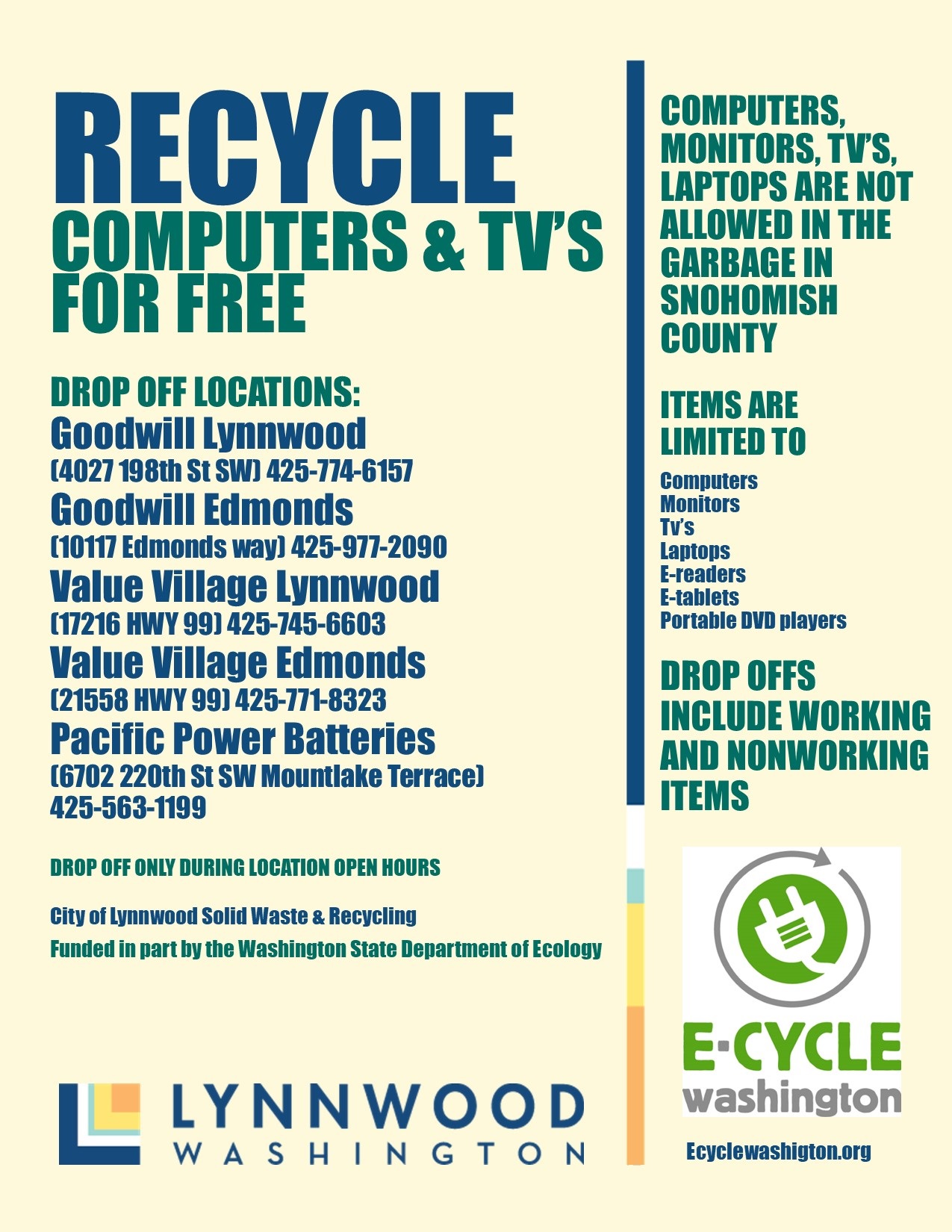 Flyer with information on where to recycle computers and TV for free